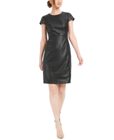 Shop Calvin Klein Studded Faux-leather Sheath Dress In Black