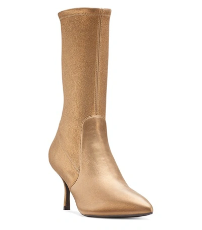 Shop Stuart Weitzman The Yvonne 75 Boot In Brass Stretch Metallic Suede