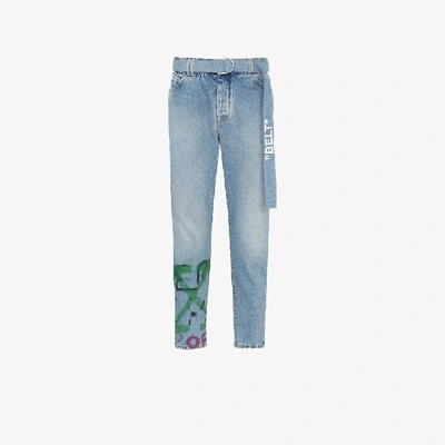 Shop Off-white Printed Denim Jeans In Blue