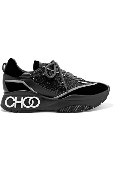 Shop Jimmy Choo Raine Glittered Leather And Velvet Sneakers In Black