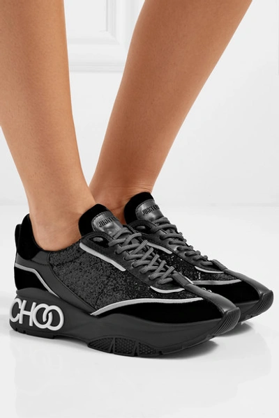 Shop Jimmy Choo Raine Glittered Leather And Velvet Sneakers In Black