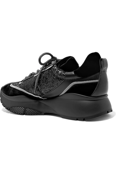 Shop Jimmy Choo Raine Glittered Leather And Velvet Sneakers In Black