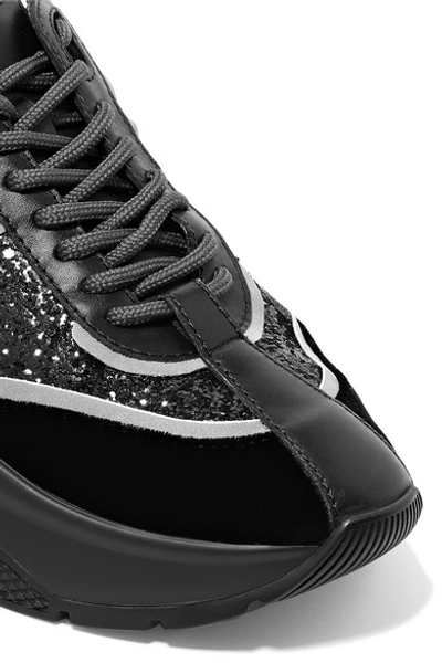 Shop Jimmy Choo Raine Glittered Leather And Velvet Sneakers In Black