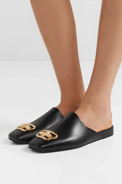 Shop Balenciaga Cosy Bb Logo-embellished Leather Slippers In Black