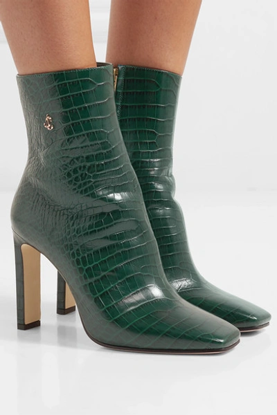 Shop Jimmy Choo Minori 100 Croc-effect Leather Ankle Boots In Dark Green