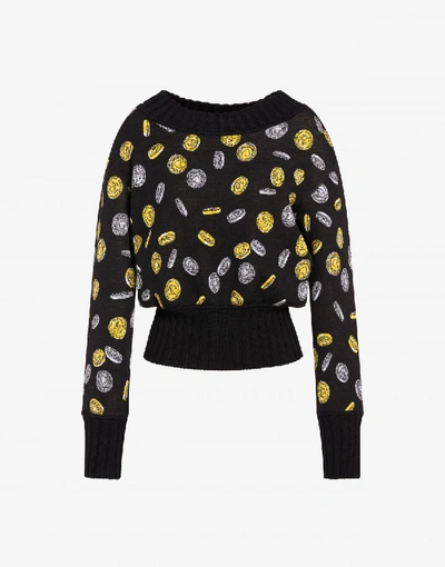 Shop Moschino Cropped Wool Coin Pullover In Black