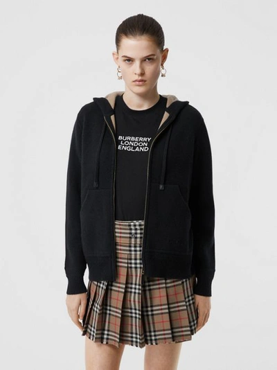 Shop Burberry Embroidered Logo Cashmere Hooded Top In Black