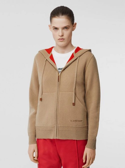 Shop Burberry Embroidered Logo Cashmere Hooded Top In Archive Beige