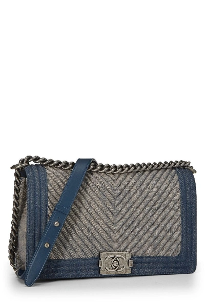 Pre-owned Chanel Blue Denim Chevron Boy Bag Medium