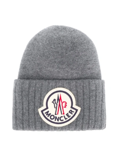 Shop Moncler Logo Patch Beanie In Grey