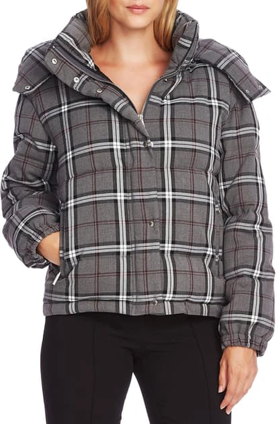 Shop Vince Camuto Plaid Hooded Puffer Jacket In Med Heather Grey