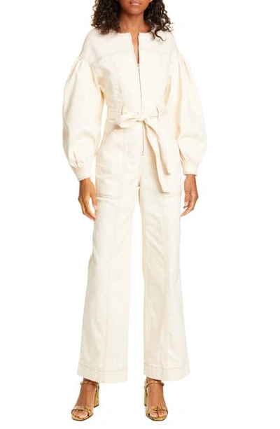 Shop Ulla Johnson Akiba Puff Sleeve Denim Jumpsuit In Blanc