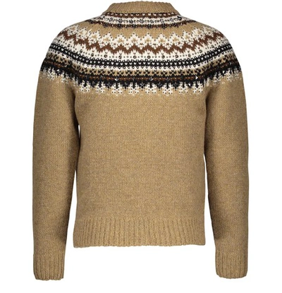 Shop Celine Shetland Wool Round-neck Jumper With A Fair Isle Pattern In Camel