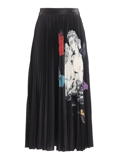 Shop Valentino Printed Pleated Midi Skirt In Black