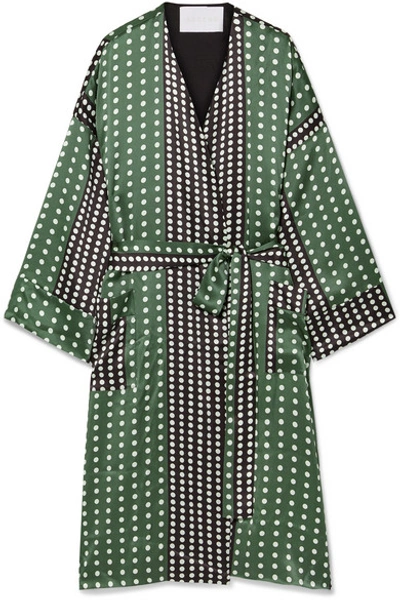 Shop Asceno Polka-dot Silk-satin Robe In Army Green