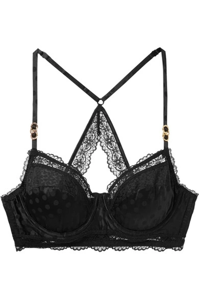 Shop Stella Mccartney Camellia Daring Lace-trimmed Stretch-silk Satin-jacquard Underwired Balconette Bra In Black