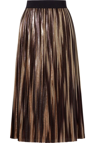 Shop Alice And Olivia Mikaela Pleated Two-tone Lamé Midi Skirt In Gold