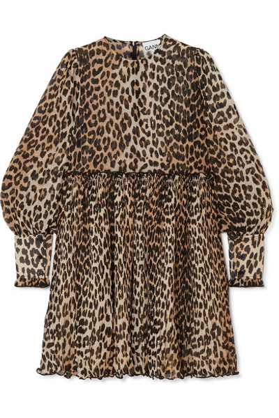 Shop Ganni Leopard-print Plissé-georgette Mini Dress In Leopard Print
