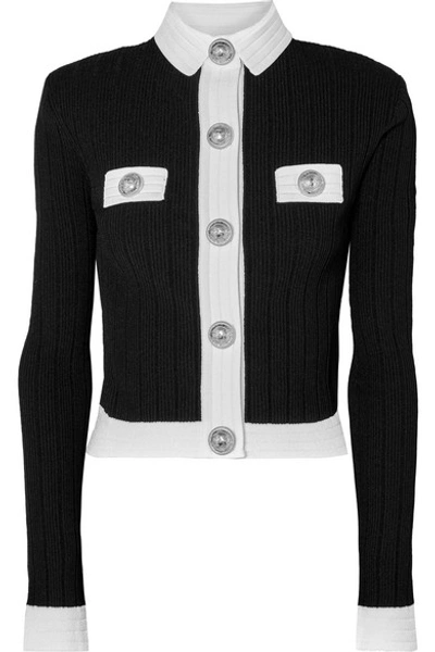 Shop Balmain Button-embellished Two-tone Ribbed-knit Cardigan In Black