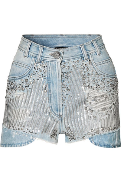 Shop Balmain Embellished Distressed Denim Shorts In Blue