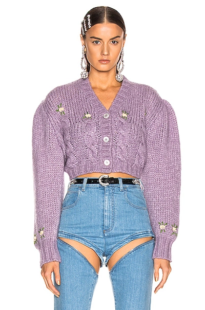 Shop Alessandra Rich Floral Applique Cropped Wool Cardigan In Lilac