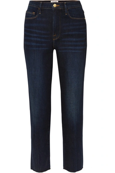 Shop Frame Le Nouveau Frayed High-rise Straight-leg Jeans In Dark Denim
