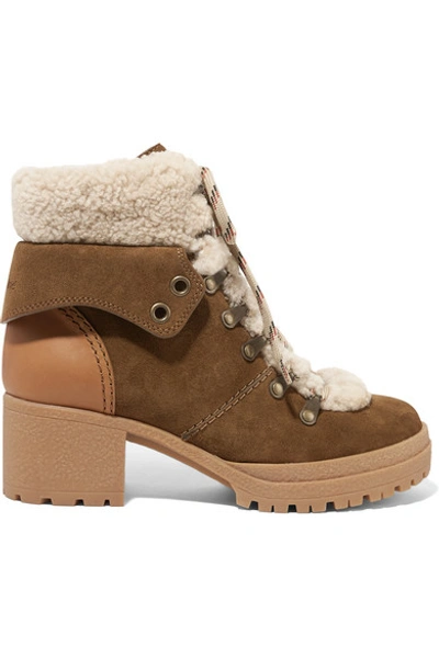 Shop See By Chloé Shearling-trimmed Suede And Leather Ankle Boots In Light Brown