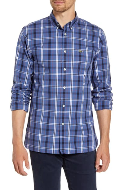 Shop Lacoste Popeline Slim Fit Plaid Button-down Shirt In Blue