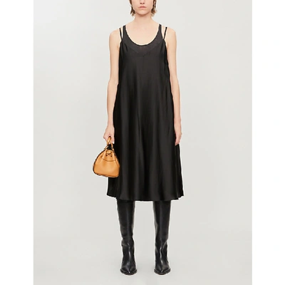 Shop Loewe Layered Satin And Linen Midi Dress In Black