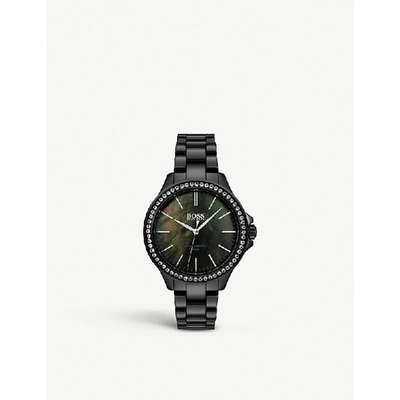 Shop Hugo Boss 1502456 Victoria Mother-of-pearl Crystal-embellished Quartz Watch In Black