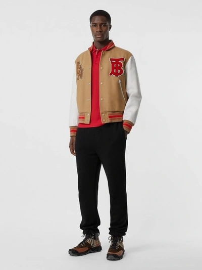 Shop Burberry Contrast Sleeve Logo Graphic Wool Bomber Jacket In Honey