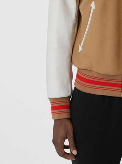 Shop Burberry Contrast Sleeve Logo Graphic Wool Bomber Jacket In Honey