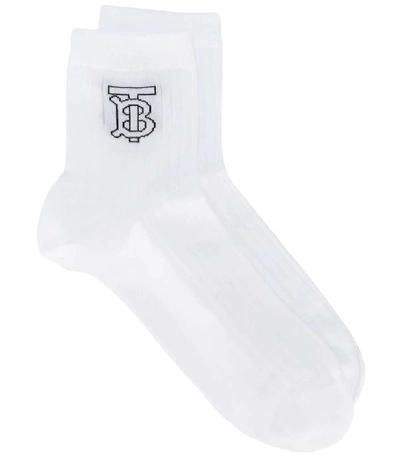 Shop Burberry Ribbed Monogram Intarsia Socks In White