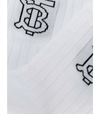 Shop Burberry Ribbed Monogram Intarsia Socks In White