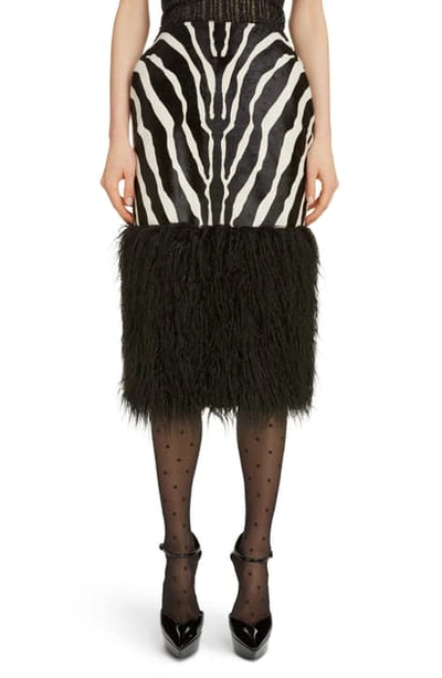 Shop Saint Laurent Faux Shearling Hem Zebra Print Skirt In Noir/blanc