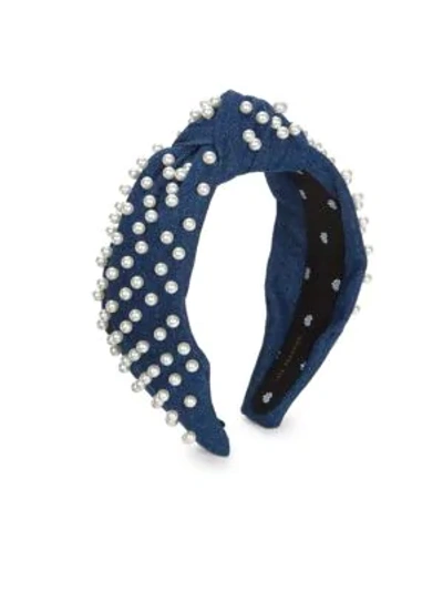 Shop Lele Sadoughi Women's Faux-pearl Embellished Denim Knotted Headband In Blue