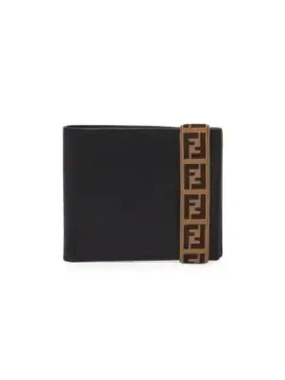 Shop Fendi Grace Logo Strap Leather Bi-fold Wallet In Black Sunflower