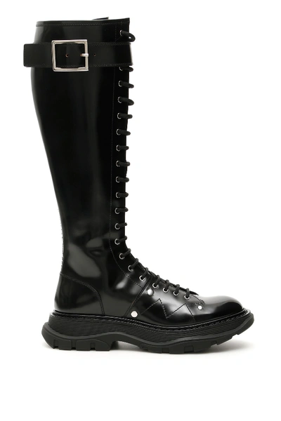 Shop Alexander Mcqueen Knee-high Boots With Seams In Black Silver (black)