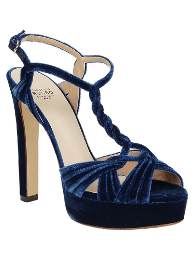 Shop Francesco Russo Velvet Sandals In Navy Blue