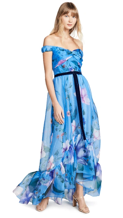 Shop Marchesa Notte Off The Shoulder Organza High Low Gown In Blue