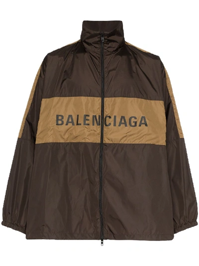 Shop Balenciaga Printed Logo Windbreaker Jacket In Brown