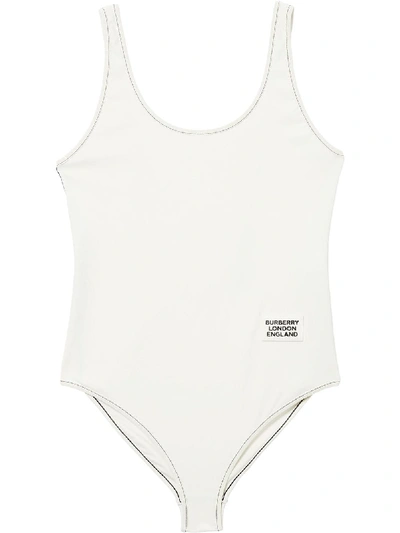 Shop Burberry Logo Swimsuit In White