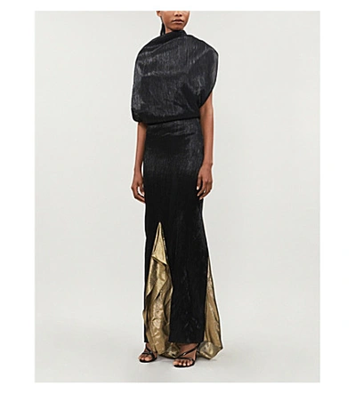 Shop Roland Mouret Nola Textured High-neck Silk-blend Gown In Blk/ Gold