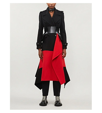 Shop Alexander Mcqueen Banner Double-breasted Wool-and-cashmere Blend Coat In Black / Red