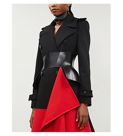 Shop Alexander Mcqueen Banner Double-breasted Wool-and-cashmere Blend Coat In Black / Red