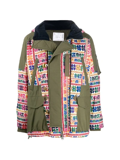 Shop Sacai Embroidered Parka Coat In Green