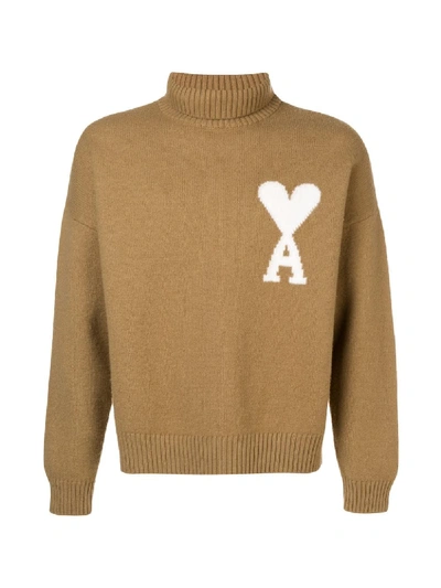 Shop Ami Alexandre Mattiussi Ami De Coeur Intarsia Oversize Funnel Neck Felted Sweater In Neutrals