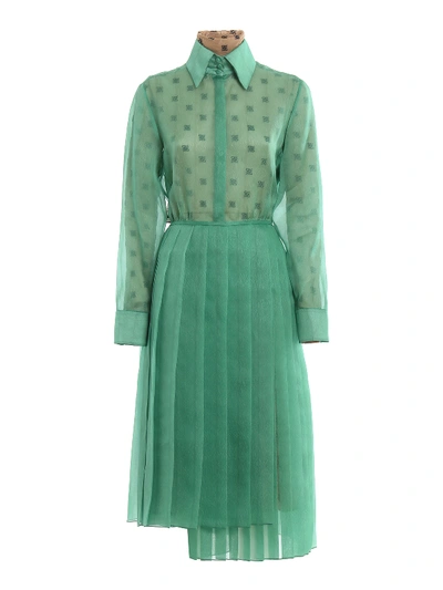 Shop Fendi Pleated Skirt Silk Organdie Shirt Dress In Light Green