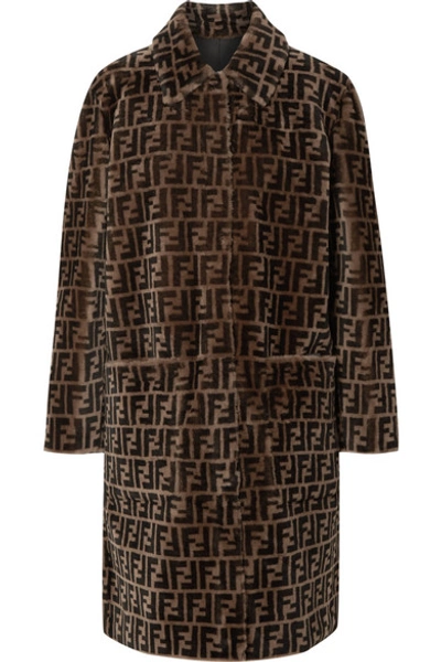 Shop Fendi Reversible Printed Shearling Coat In Dark Brown