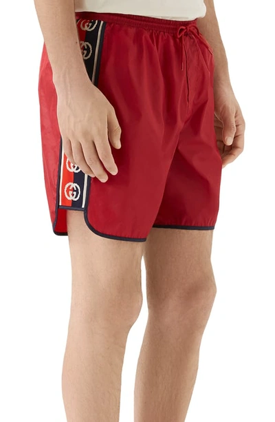 Shop Gucci Waterproof Nylon Swim Trunks In Mulberry